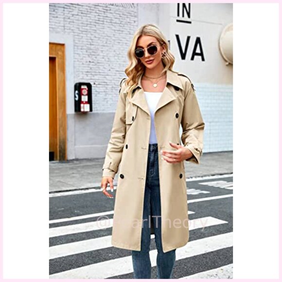 Double Breasted Long Trench Coat Windproof Lapel Slim Overcoat with Belt - Picture 3 of 7